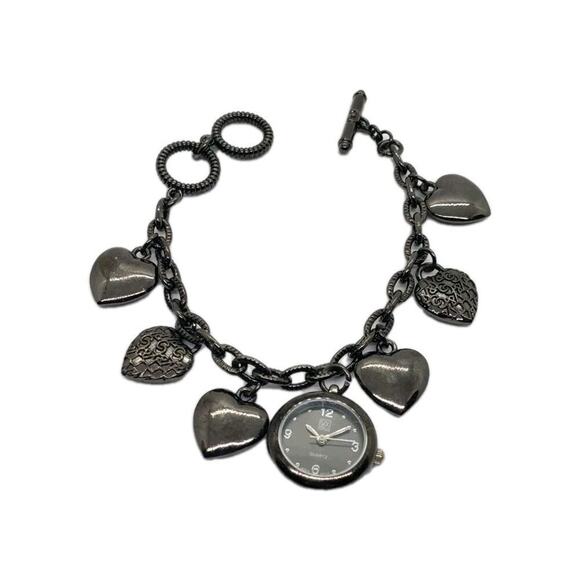 Vintage Puffy Heart & Watch Charm Bracelet New York & Co Black Adjustable Works - Picture 1 of 5